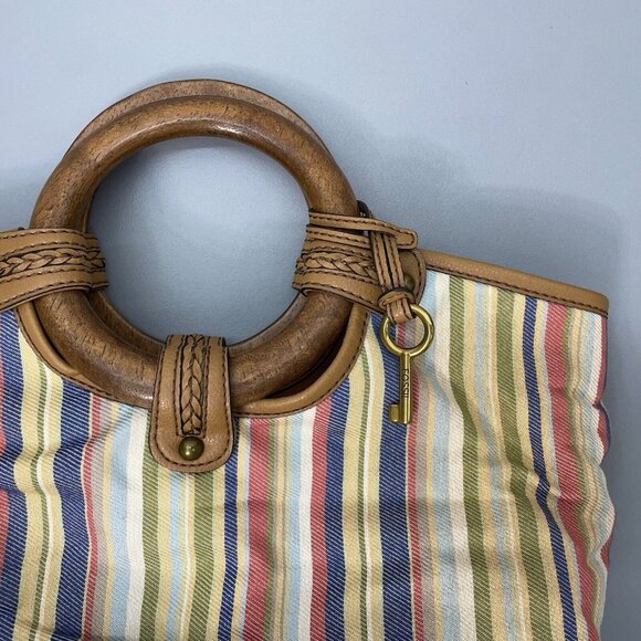 Fossil Handbag Purse Wood Ring Handles Canvas Stripes Hobo Rustic Retro Hippie - Picture 1 of 13